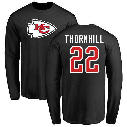 Men Kansas City Chiefs #22 Thornhill Juan Black Name and Number Logo Long Sleeve T-Shirt